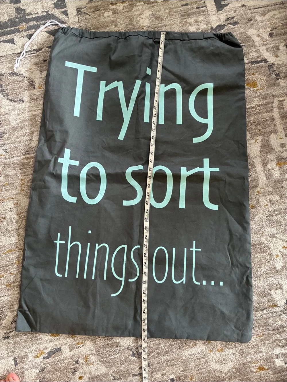 Large Black Laundry Bag with Teal Text - 'Trying to Sort'